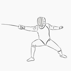 Fototapeta premium Fencer in action with mask and sword on minimalist background 