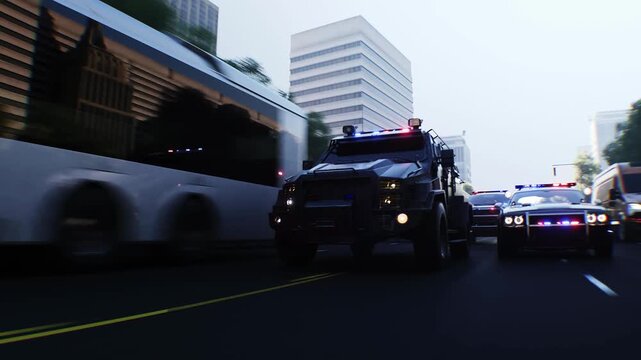 An swat police driving fast on a city street. Realistic 4k animation.