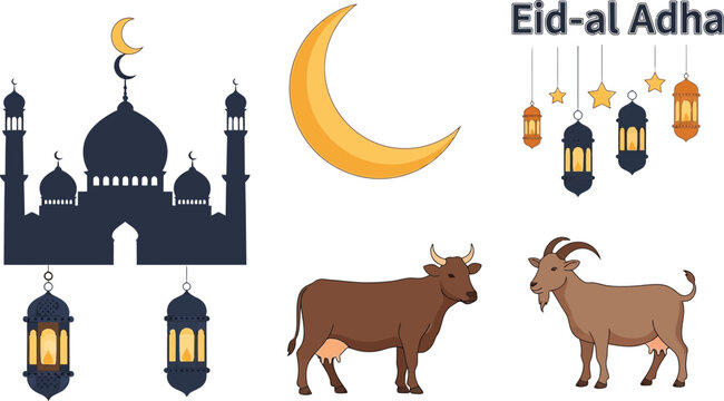 Eid-al Adha Islamic celebration vector set, mosque silhouette with crescent moon, sacrificial cow and goat animals, traditional hanging lanterns