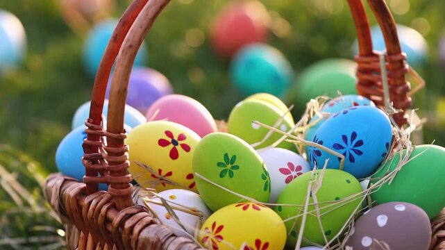 Easter basket with colorful eggs on green grass background
