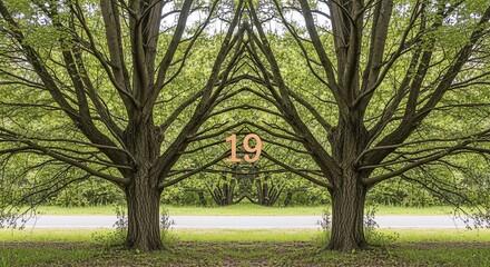 Obraz premium Symmetrical view of two large trees with lush green leaves standing side by side in a grassy field with a road and dense foliage in the background.
