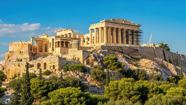 Ancient parthenon temple on acropolis hill in athens greece
