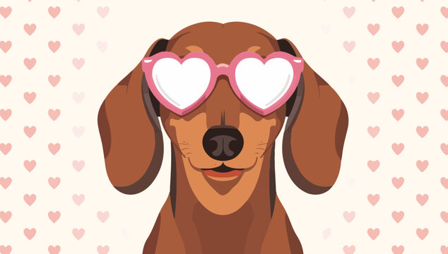 Vector illustration of an adorable dachshund with a smooth, brown coat and a sweet expression, wearing trendy love-heart shaped sunglasses with vibrant