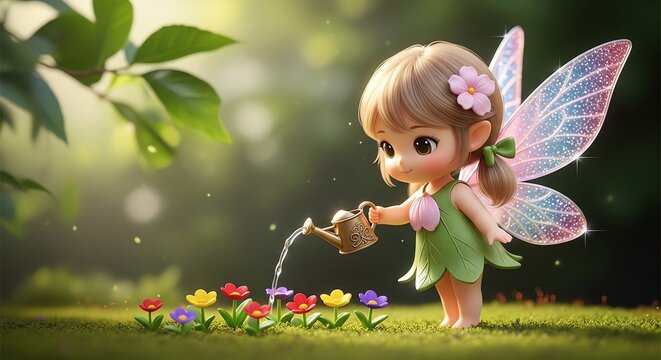 A small, cartoon fairy watering colorful flowers with a tiny watering can in a lush, green outdoor setting with soft, natural lighting.