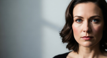Fototapeta premium Beautiful woman portrait subtly glows amid a soft light.