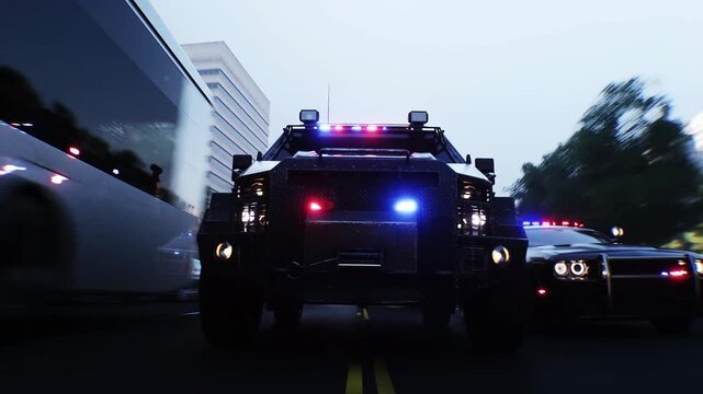 An swat police driving fast on a city street. Realistic 4k animation.