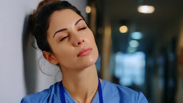 A contemplative nurse in scrubs reflects quietly in a well-lit hallway of a medical facility, illustrating the dedication and thoughtfulness required in healthcare environments 