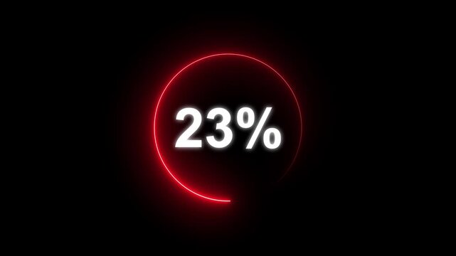 Glowing neon circle with 23 percent text icon animation light effect modern minimal clean shiny typography counter progress meter loading indicator loop seamless black background animation.