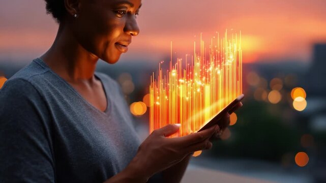 A focused individual engages with a smartphone as digital data visualizations emanate from the device, showcasing innovation and technology against a vibrant sunset backdrop 