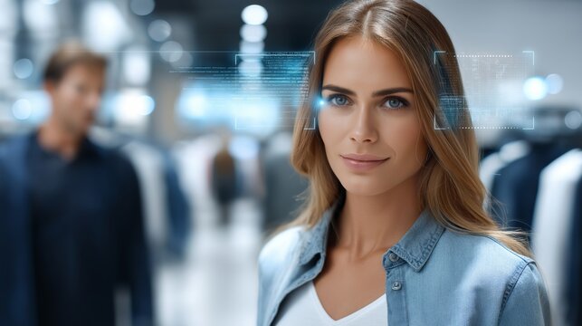 Facial recognition used in retail analytics identifying customers behavior with transparent data overlays