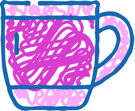 Outlined mug with vibrant purple and pink scribble filling, abstract doodle style cup with handle on white background playful, modern line art illustration for design use