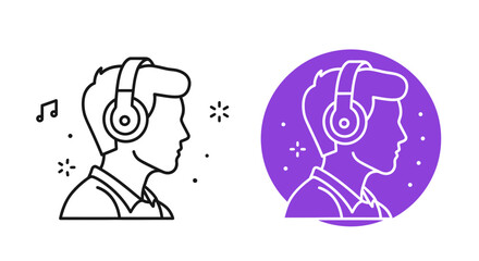 Obraz premium Man Listening Music with Headphones, Sound Waves and Notes Icon