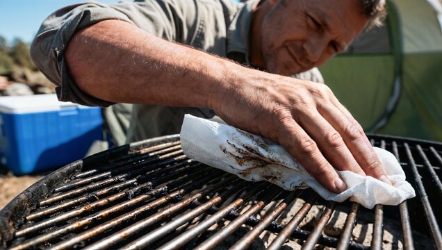 A camper's hand efficiently cleans a messy portable grill grate with a strong paper towel, showcasing practical outdoor solutions.