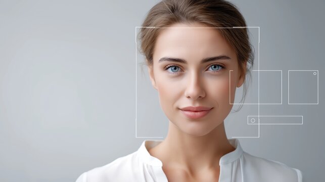 Facial recognition software interface detecting emotions and identity with minimalistic design and clean background