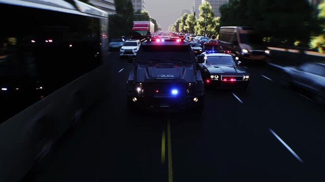 An swat police driving fast on a city street. Realistic 4k animation.
