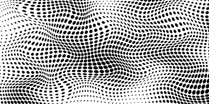 Black halftone wave background. Abstract grainy fluid texture. Dotted curved dot flow wallpaper. Grit swoosh overlay element for poster, banner, brochure, flyer, leaflet, template. Vector backdrop