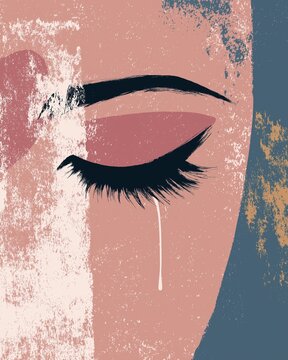 Abstract crying woman's eye with single tear falling down her face, depicted with textured brushstrokes and muted color palette. Expresses sadness and emotion