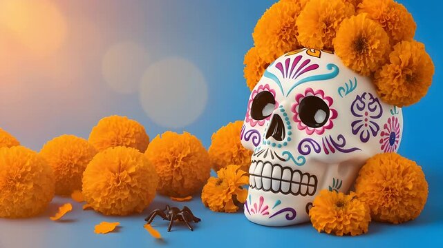 Vibrant Day of the Dead sugar skull adorned with bright orange marigold flowers on a blue background, celebrating Mexican tradition.