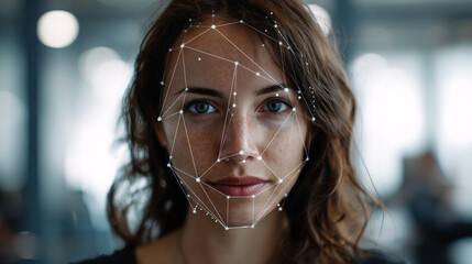 A woman with facial recognition technology mapping her face in a modern setting