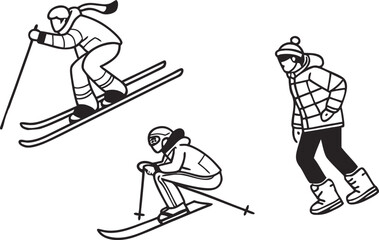 Obraz premium Skiing icon set with three skiers in different poses. Includes skiing, snow sports, and winter activities illustrations. Created in line style with black and white color palette.