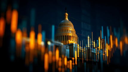 The US Capitol building is shown with a blurred background of stock market data at night