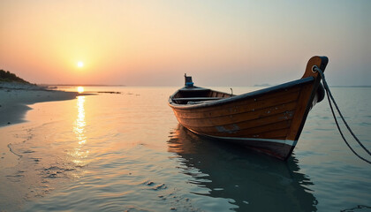 Fototapeta premium Serene wooden boat at sunrise on tranquil water with gentle waves and shoreline visible. Sunset glow reflects on surface creating peaceful atmosphere. Ideal for travel blogs or nature-themed projects.