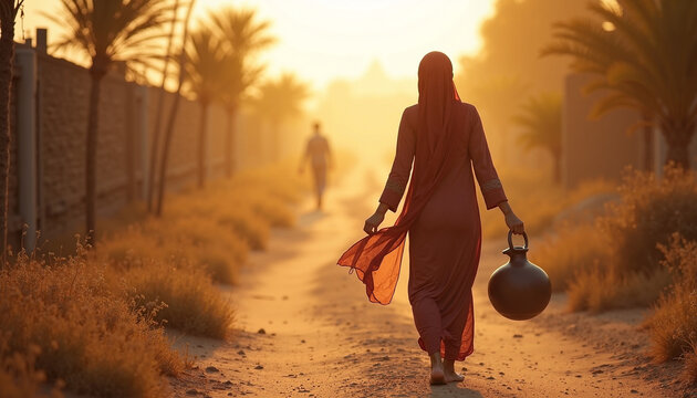 Woman walking with pottery on rural path under sunset light, depicted in a serene landscape. Scene captures traditional life and summarizes cultural heritage,