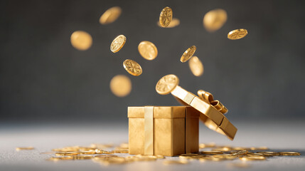 Golden coins are pouring out of a wrapped gift box on a table