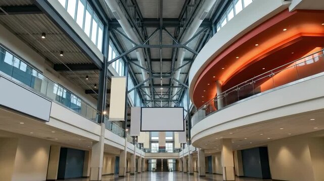 atrium architecture. A spacious modern interior featuring high ceilings with large windows, sleek lines, and open areas, complemented by vibrant accents and digital display screens
