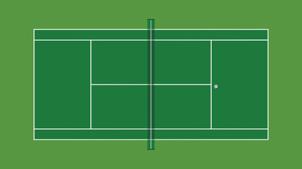 Empty top view of green tennis court with white boundary lines and net, Concept of tennis match, recreation and athletic competition