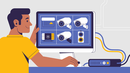Security operator monitoring surveillance cameras on computer screen at workstation, Concept of video surveillance, monitoring and security control