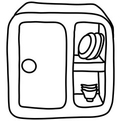 Minimal Kitchen Cabinet with Dishes Line Art &ndash; Bold Black Outline Storage Illustration