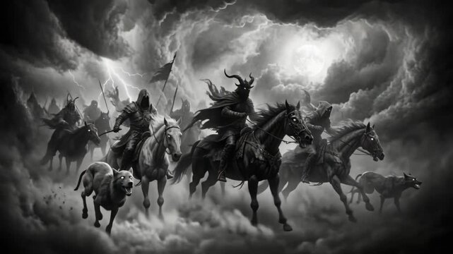 Dark fantasy army of armored riders on horses charging through storm. Horned demon leader and warriors with wolves attacking in fog under lightning. Cinematic apocalypse concept
