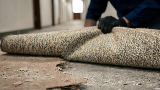 Close-up of a worker wearing gloves pulling up worn carpet and underlay during indoor renovation. Home improvement and flooring replacement concept.