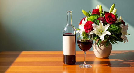 Wine and flowers brightly illuminate the gentle mood