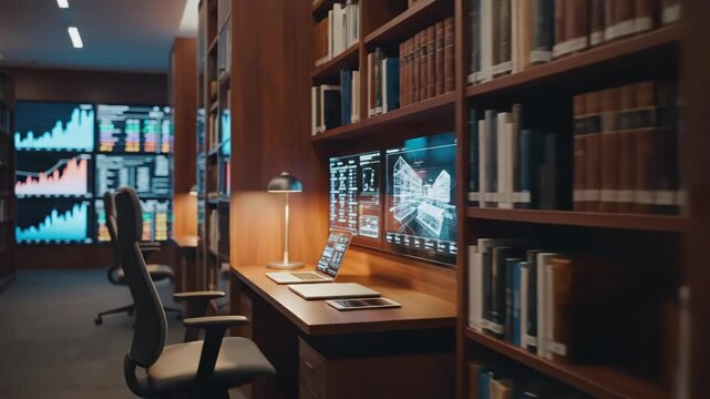 Dimly lit library with rows of books, desks, chairs, and a large digital display