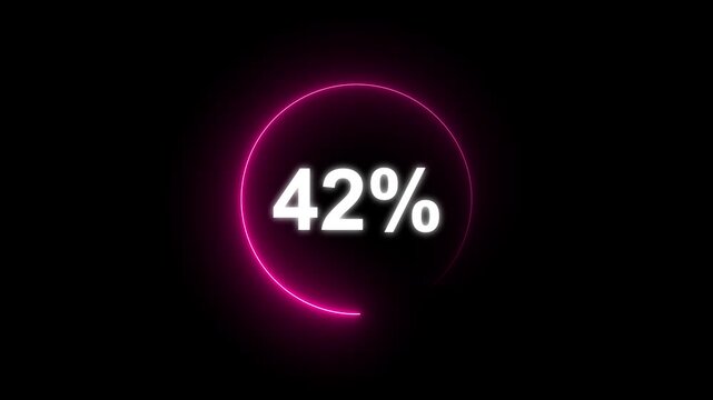 Glowing neon circle with 42 percent text icon animation light effect modern minimal clean shiny typography counter progress meter loading indicator loop seamless black background animation.