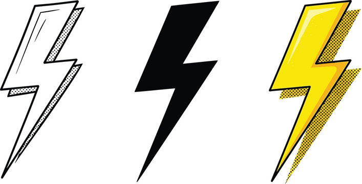 Collection of three stylized lightning bolt graphics featuring a black silhouette a yellow pop art style with halftone dots and a simple outline drawing on a clean white background symbolizing energy