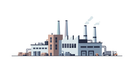 Obraz premium Exterior view of a manufacturing industrial complex featuring smokestacks, warehouses, and logistics trucks in a flat design style.