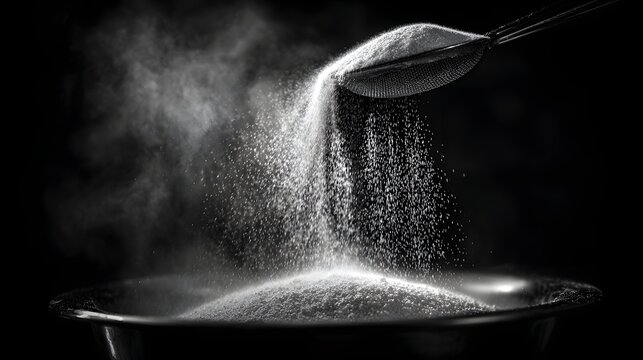 White powder sifts through a mesh strainer into a metallic bowl, creating a cloud of dust on a dark background. The spotlight highlights the granules against the shadowed environment