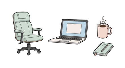 Home Office Setup: Ergonomic Chair, Laptop, Coffee, and Notebook