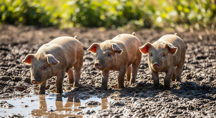 Three cute piglets playfully frolic in muddy puddle