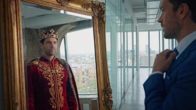 Businessman looking in mirror and seeing himself as a king. Man in suit adjusting tie while reflection wears crown and royal robe. Self-confidence and leadership concept