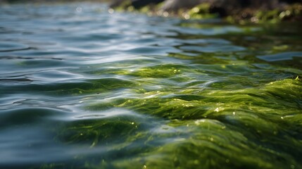 Naklejka premium Close up of vibrant green aquatic vegetation swaying on the shimmering surface of clear blue water under natural sunlight