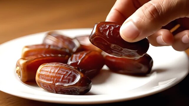 Hand picking a sweet dried date fruit from a white plate on a wooden table