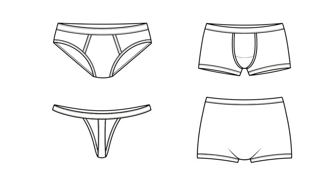 Fashion flat sketches of women's underwear: briefs, thong, and boxer briefs.