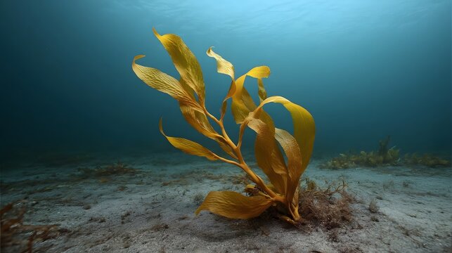 A single stalk of yellow brown kelp sways gently in the blue ocean water above a sandy seabed