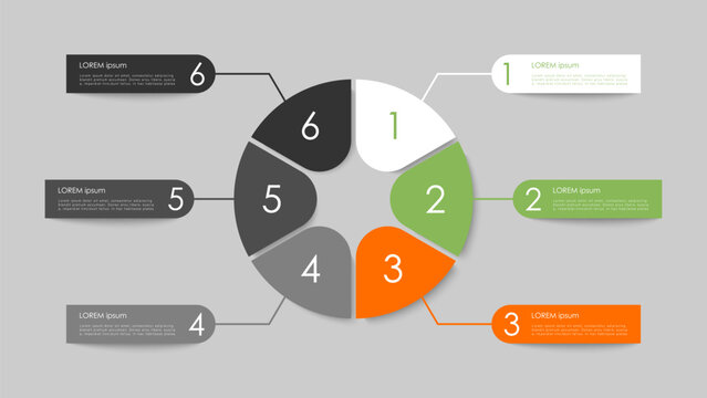Pie chart divided into 6 equal parts. Layout for data visualization, annual reports and presentation slides