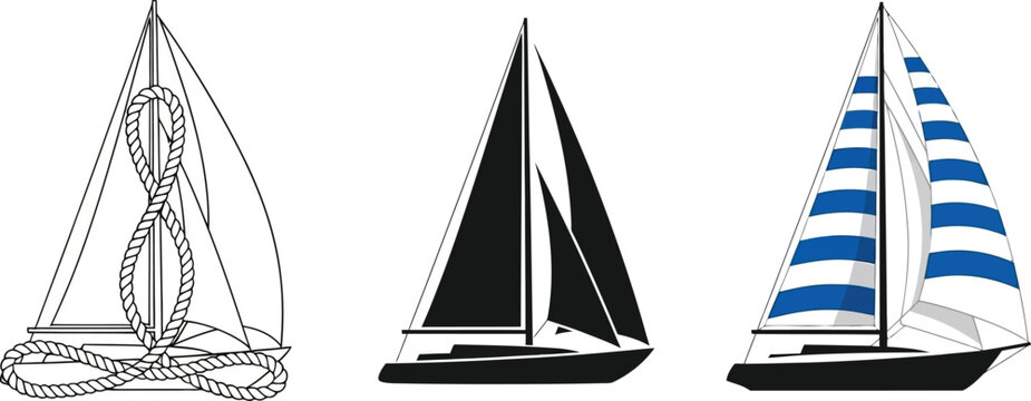 Collection of three distinct sailboat illustrations a detailed line drawing with nautical rope a solid black silhouette and a modern sailboat with blue striped sails offering versatile vector