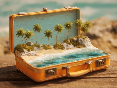 Miniature tropical beach paradise inside vintage open suitcase travel dreams surreal vacation concept art